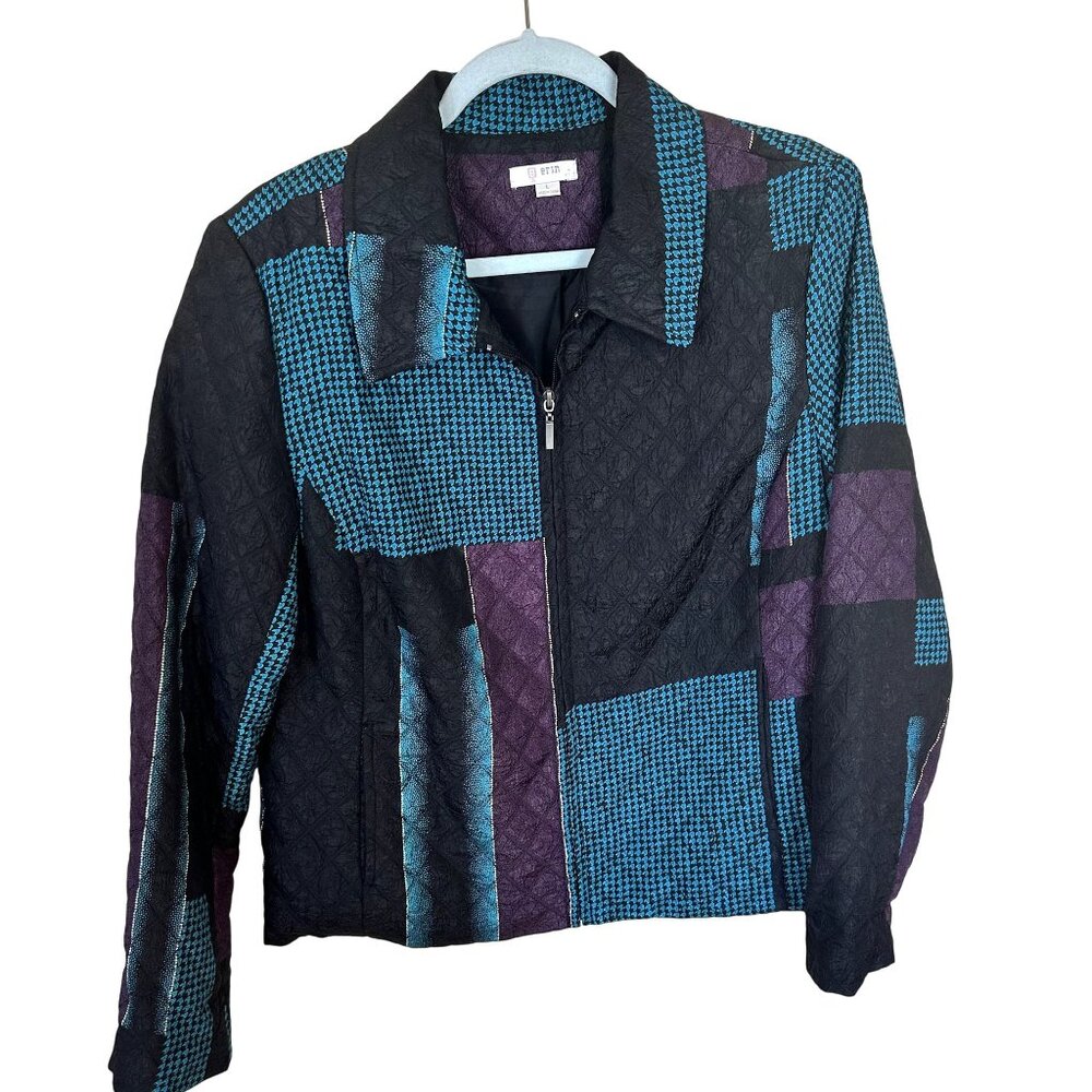 Vtg Womens Jacket Erin Patchwork Large Quilted Texture Turquoise Purple Zip Y2K